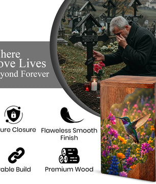 Green Hummingbird Wooden Cremation Urn – Wildflower Memorial Wooden Urn for Human Ashes