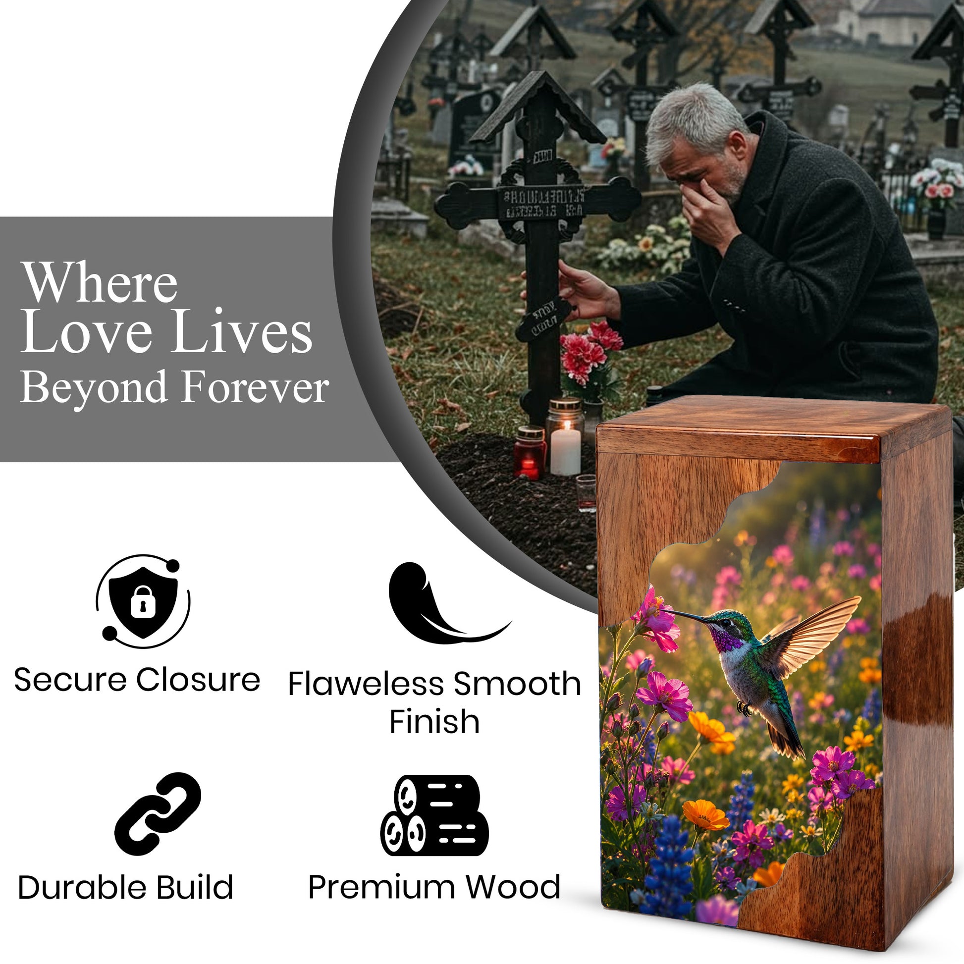 Green Hummingbird Wooden Cremation Urn – Wildflower Memorial Wooden Urn for Human Ashes