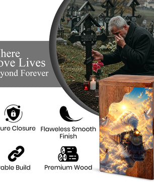 Heaven Bound Train Wooden Cremation Urn – Angel Memorial Urn | Wooden Urn for Human Ashes
