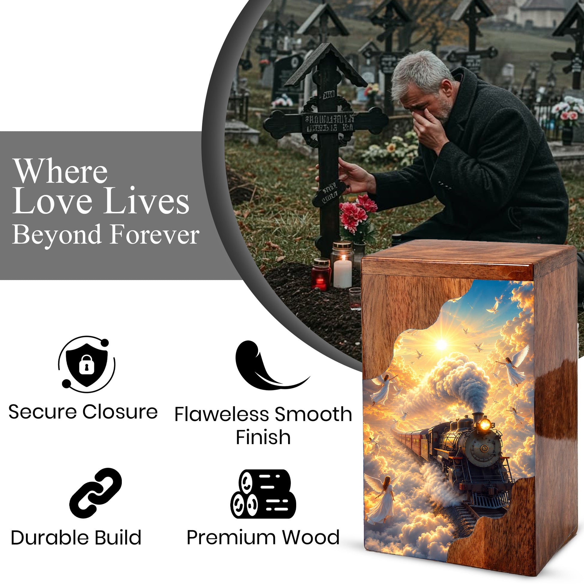 Heaven Bound Train Wooden Cremation Urn – Angel Memorial Urn | Wooden Urn for Human Ashes
