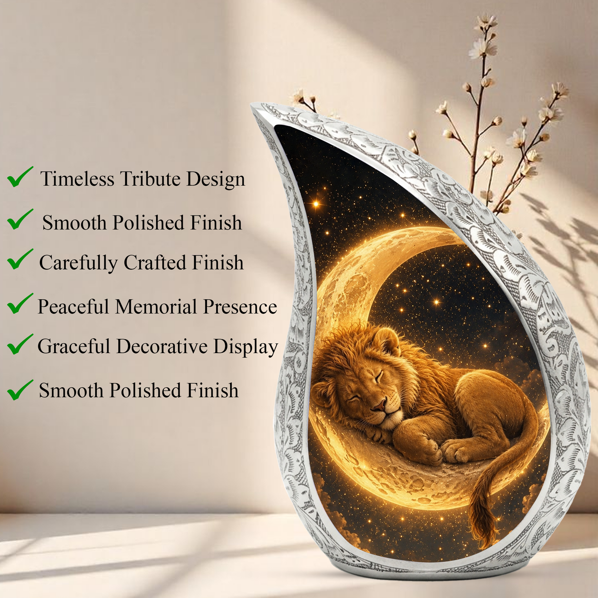 Sleeping Lion Moon Urn for Adult Ashes | Peaceful Adult Cremation Urn Memorial