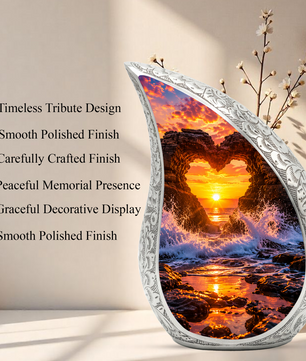 Heart Rock Ocean Sunset Memorial Urn – Personalized Cremation Urn for Human Ashes| Coastal Memorial Keepsake