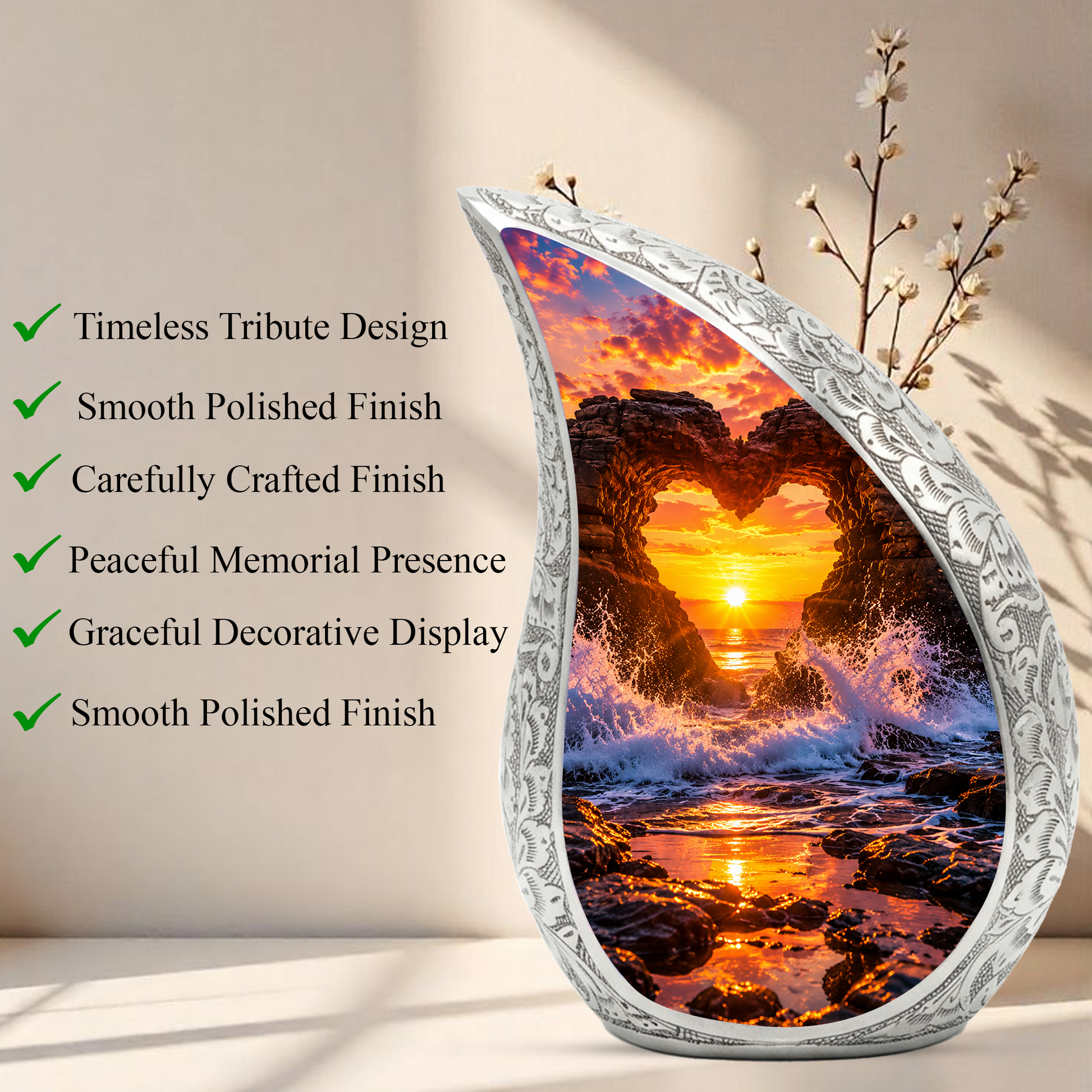 Heart Rock Ocean Sunset Memorial Urn – Personalized Cremation Urn for Human Ashes| Coastal Memorial Keepsake