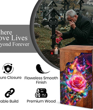 Rose Butterfly Wooden Cremation Urn for Human Ashes