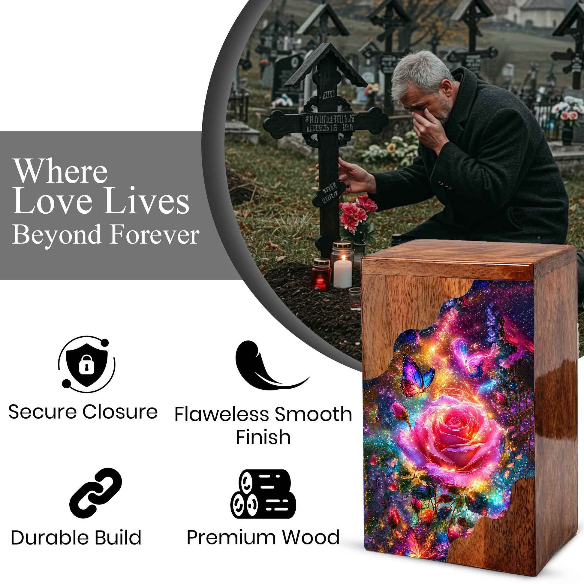 Rose Butterfly Wooden Cremation Urn for Human Ashes