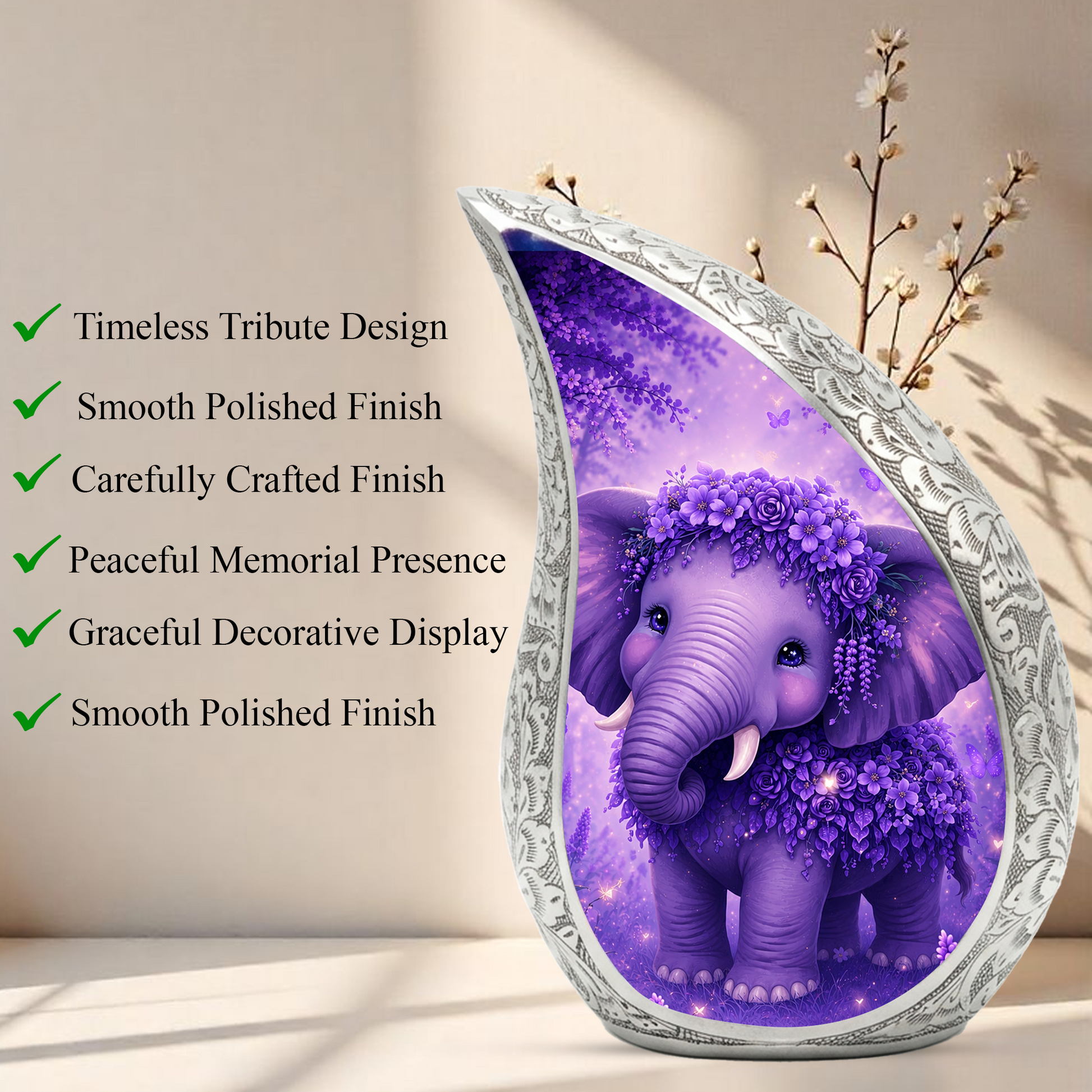 Purple Baby Elephant Adult Urn for Human Ashes