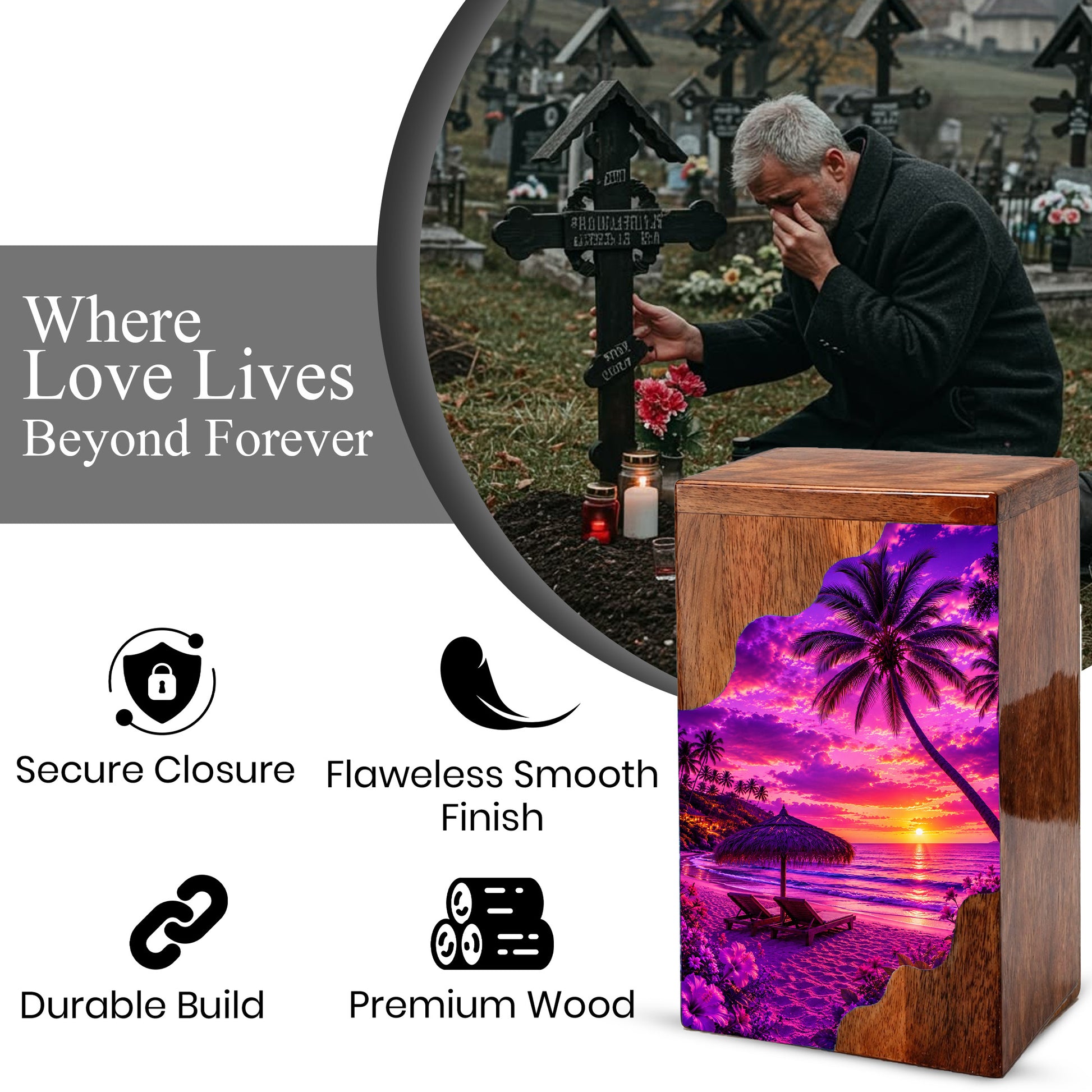 Sunset Beach Wooden Cremation Urn – Wooden Urn for Human Ashes