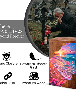 Pink Butterfly Beach Wooden Cremation Urn – Sunset Ocean Memorial Urn for Mom