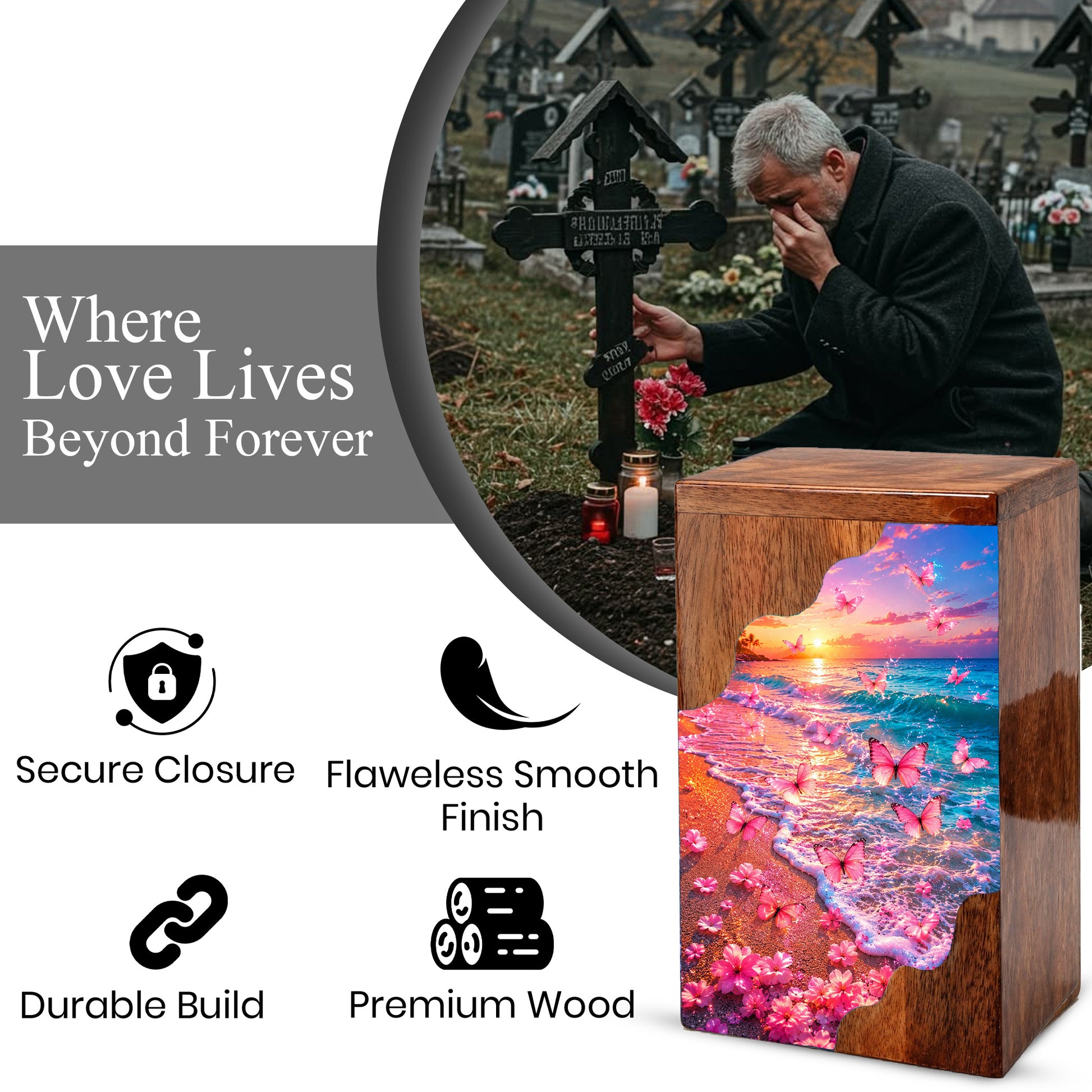 Pink Butterfly Beach Wooden Cremation Urn – Sunset Ocean Memorial Urn for Mom