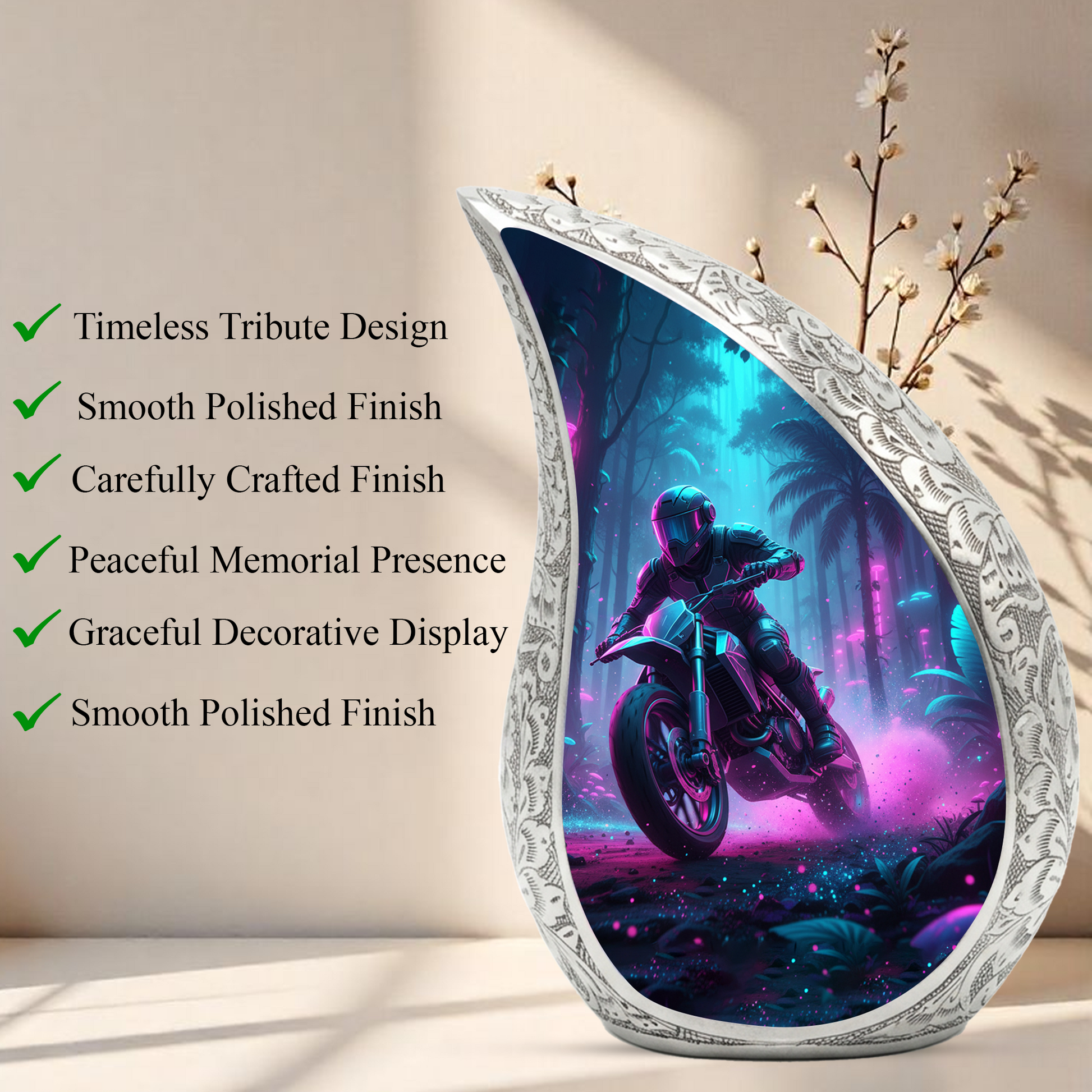 Motorcycle Personalized Cremation Urn for Dad – Teardrop Style Aluminum Memorial Urn, 10 Inch |