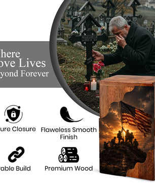 Patriotic Wooden Cremation Urn | Veteran Memorial Urn for Dad | Military Urn with American Flag