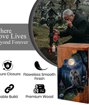 Owl Wooden Cremation Urn – Moonlit Memorial Urn | Wooden Urn for Human Ashes
