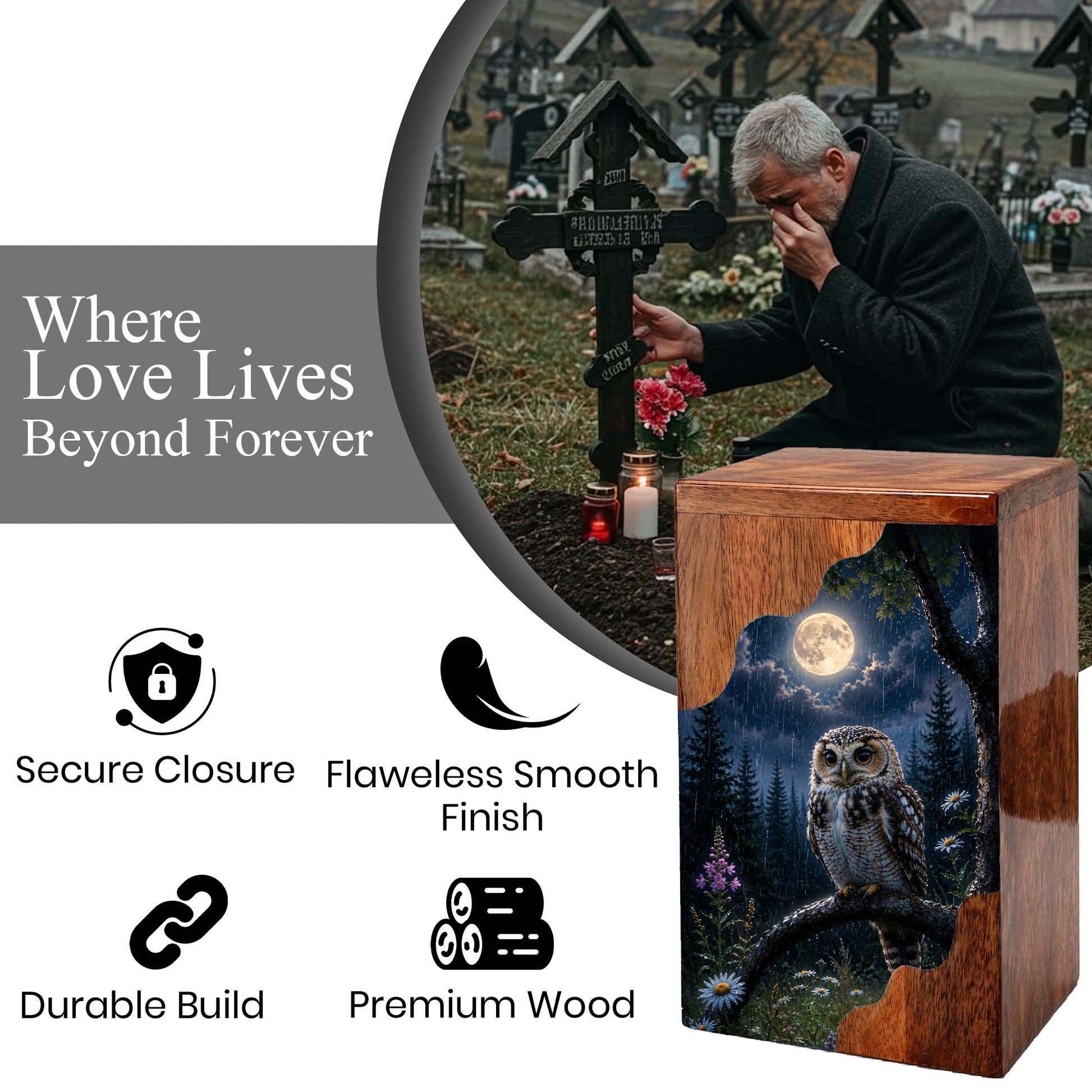 Owl Wooden Cremation Urn – Moonlit Memorial Urn | Wooden Urn for Human Ashes