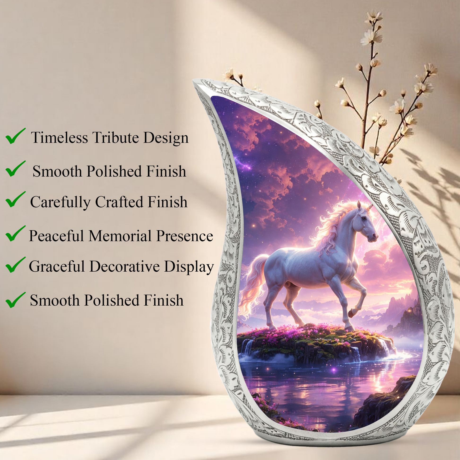 Majestic Horse Personalized Cremation Urn – Teardrop Style Aluminum Memorial Urn, 10 Inch
