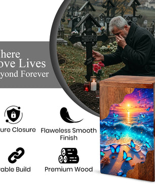 Coastal Butterfly Wooden Cremation Urn – Butterfly Memorial Urn for Human Ashes