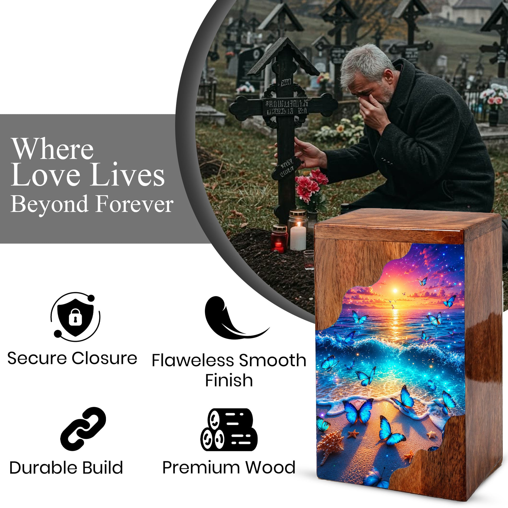 Coastal Butterfly Wooden Cremation Urn – Butterfly Memorial Urn for Human Ashes