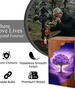 Purple Rose Tree Wooden Cremation Urn – Floral Memorial Urn with Tree of Life