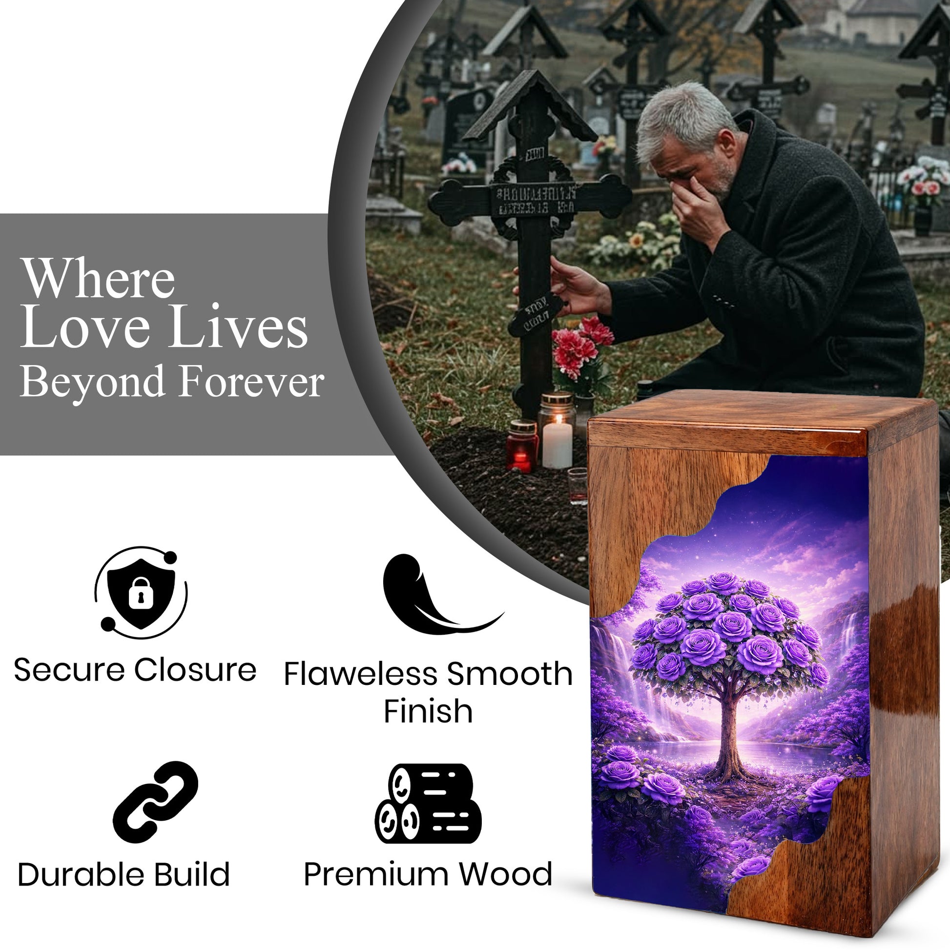 Purple Rose Tree Wooden Cremation Urn – Floral Memorial Urn with Tree of Life