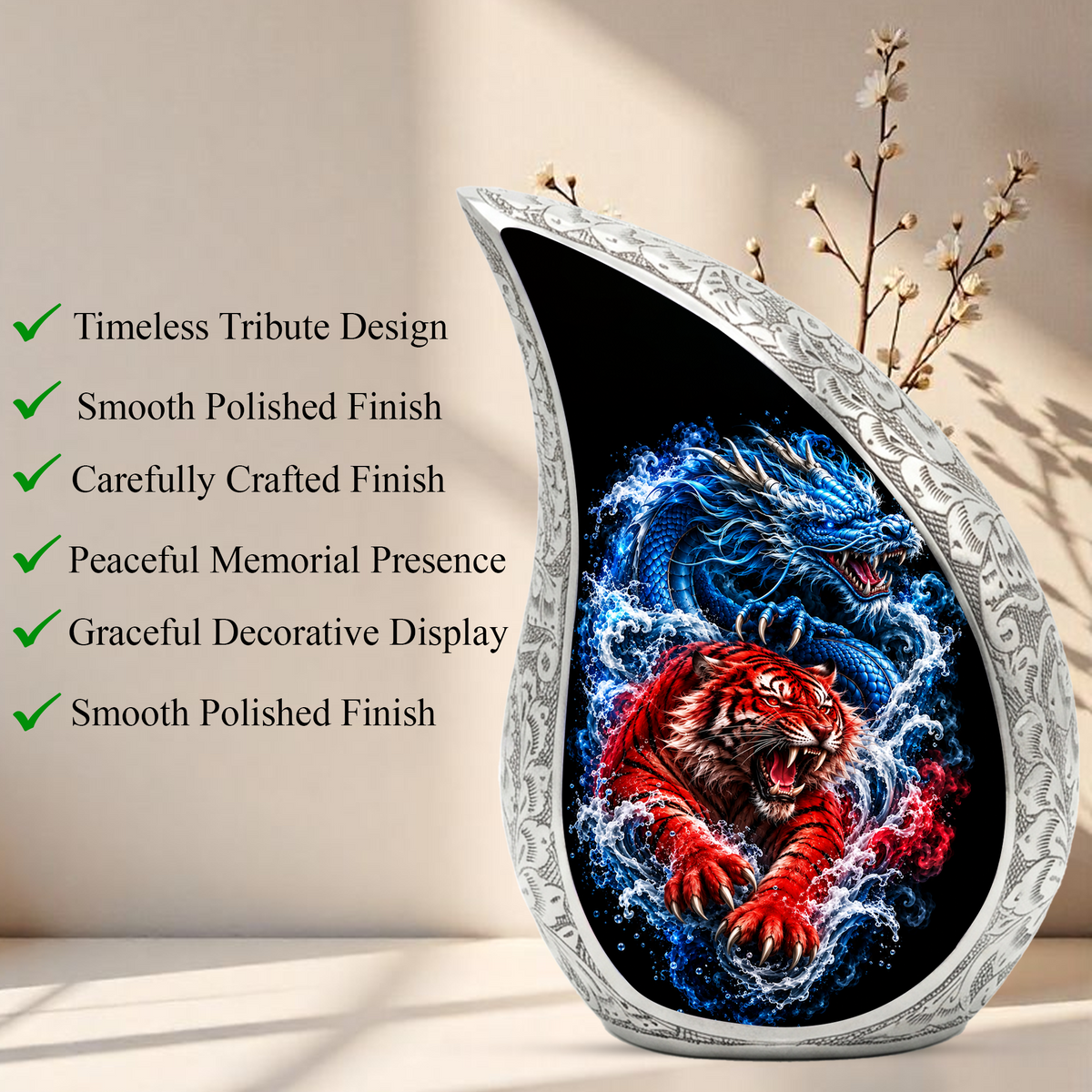 Dragon Tiger Cremation Urn for Ashes, Asian Dragon Memorial Urn, Red Tiger & Blue Dragon Urn, Personalized Adult Urn for Men