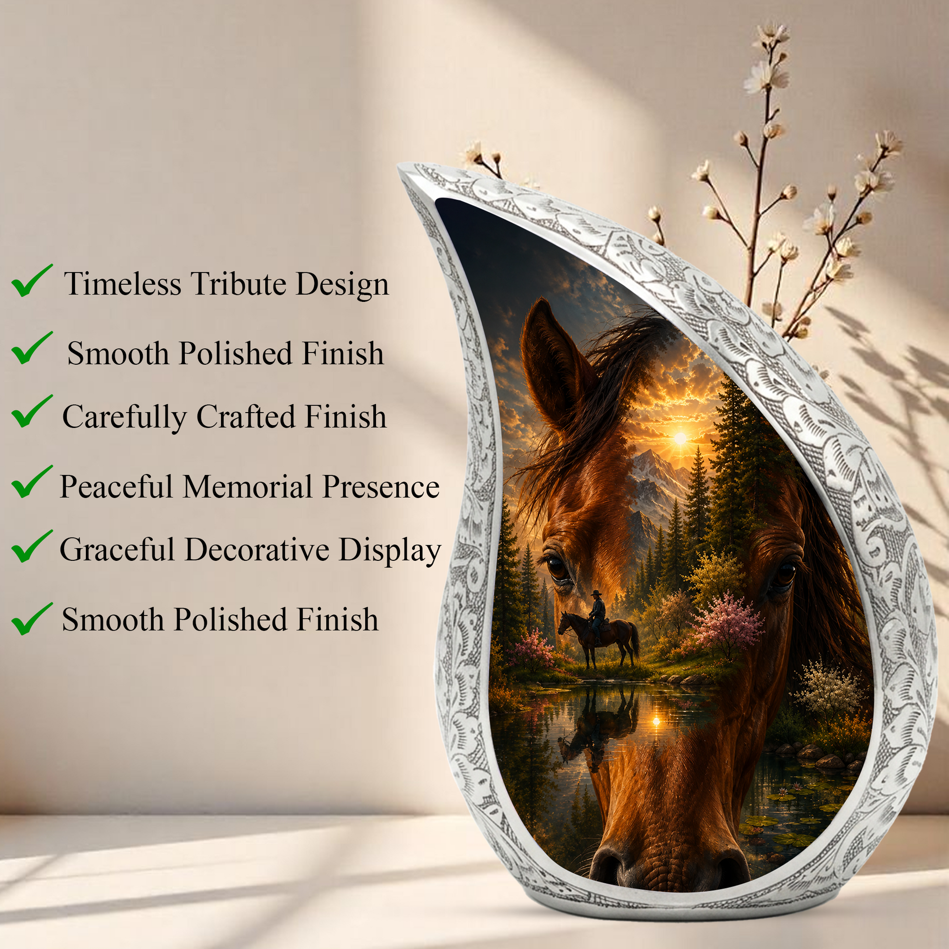 Horse Urn for Human Ashes | Adult Cremation Urn with Horse & Mountain Sunset
