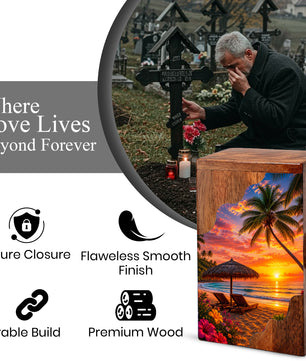 Paradise Wooden Cremation Urn – Beach Theme Wooden Urn for Human Ashes