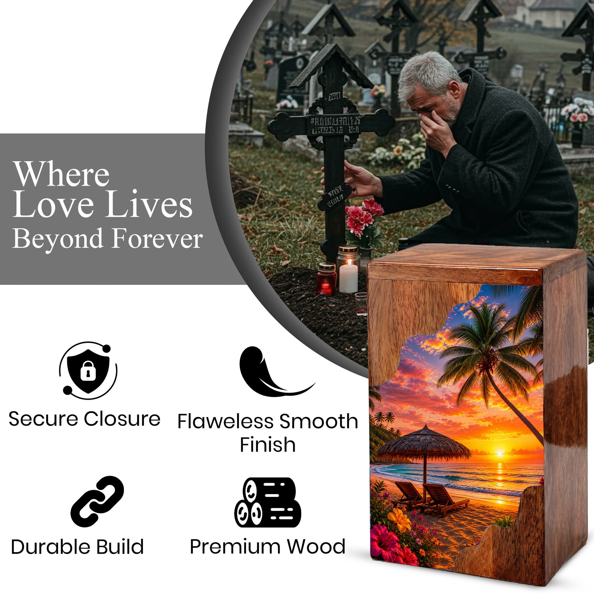 Paradise Wooden Cremation Urn – Beach Theme Wooden Urn for Human Ashes