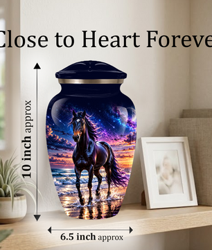 Personalized Adult Cremation Urn for Ashes, Custom Horse Memorial Urn, Black Horse with Purple Mane and Galaxy Sunset Design