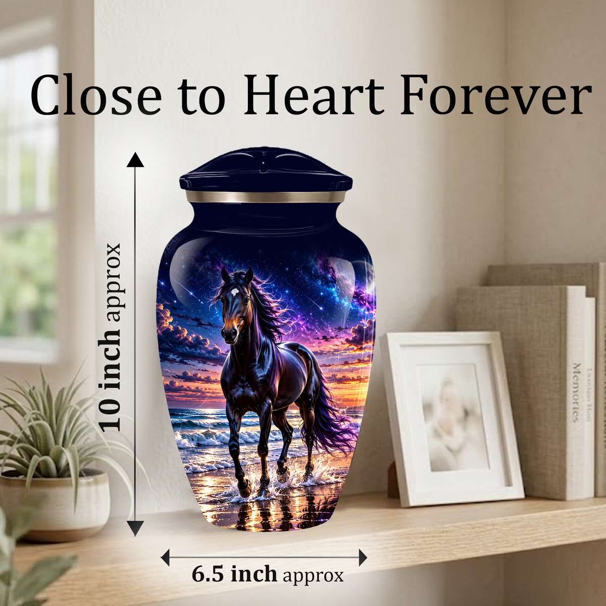 Personalized Adult Cremation Urn for Ashes, Custom Horse Memorial Urn, Black Horse with Purple Mane and Galaxy Sunset Design