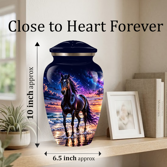 Personalized Adult Cremation Urn for Ashes, Custom Horse Memorial Urn, Black Horse with Purple Mane and Galaxy Sunset Design