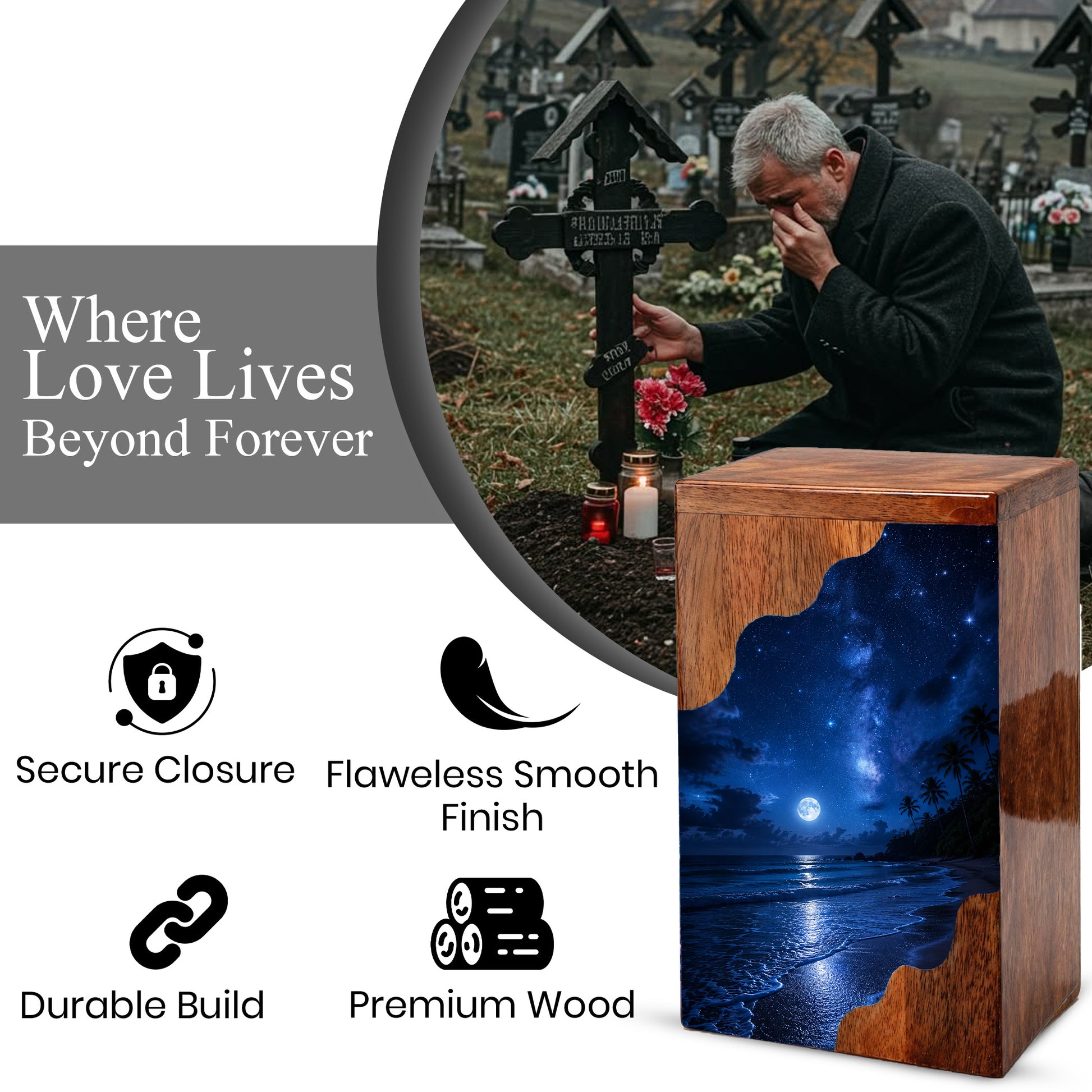 Moonlit Beach Wooden Cremation Urn – Ocean Memorial Urn for Human Ashes | Personalized Coastal Wooden Urn