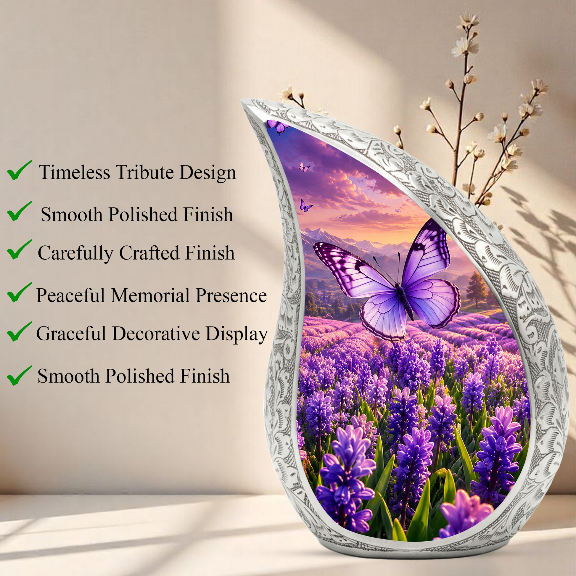 Butterfly Urn for Human Ashes | Purple Floral Butterfly Cremation Urn| Beautiful Butterfly Memorial Urn for Adult Ashes