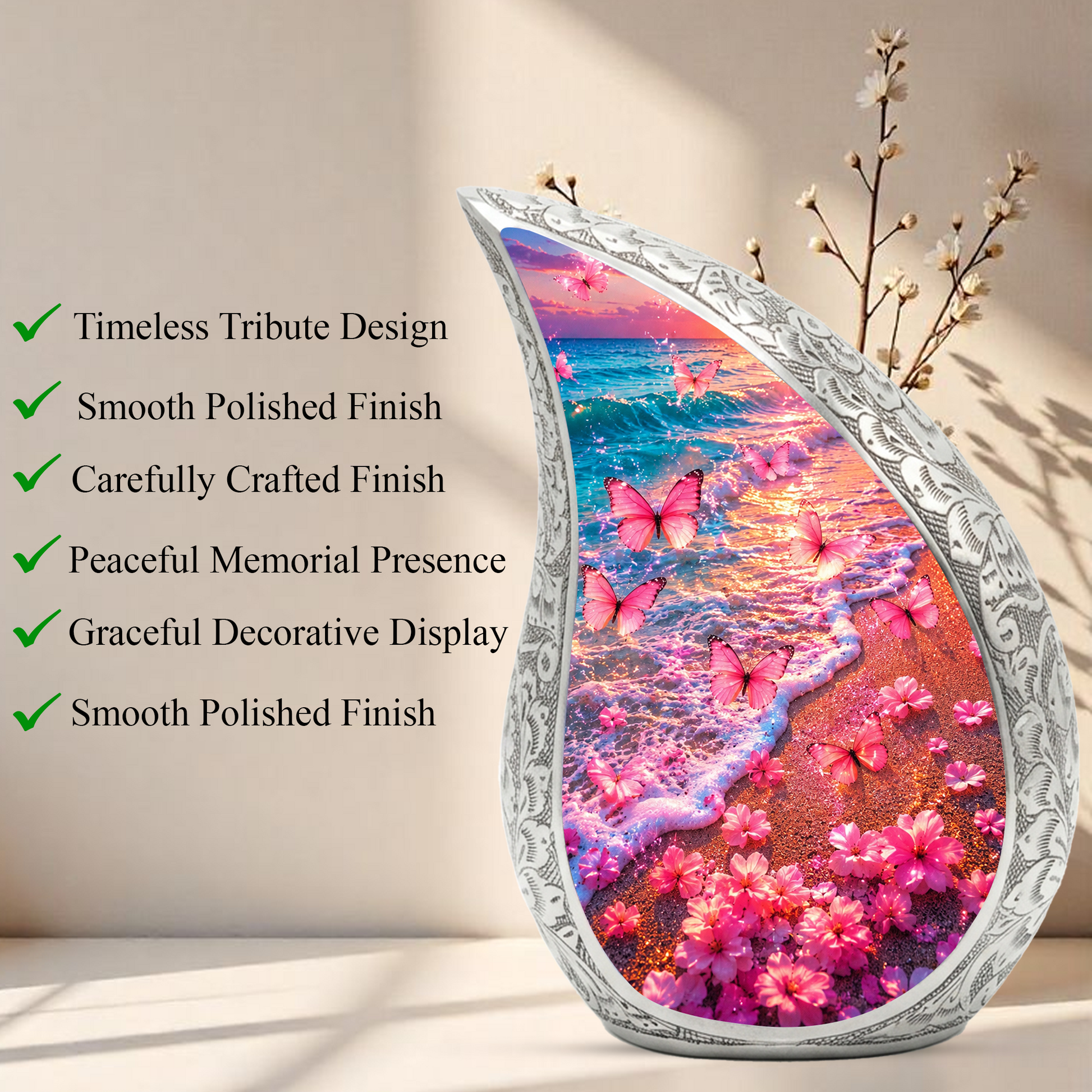Pink Butterfly Beach Ocean Urn for Human Ashes | Butterfly Cremation Urn for Mom,