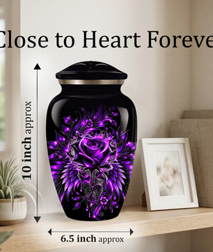 Purple Rose Adult Urn for Ashes – Gothic Floral Design Black Cremation Urn for Adults