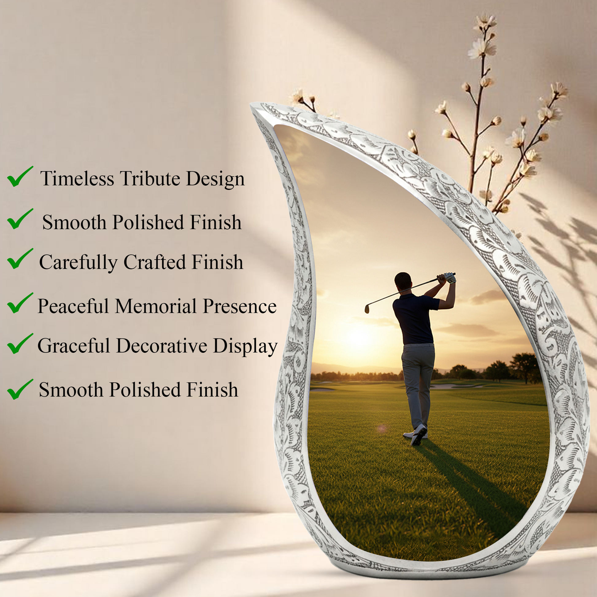 Golf Personalized Cremation Urn for Dad – Teardrop Style Aluminum Memorial Urn, 10 Inch