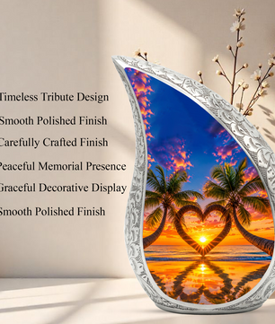 Palm Tree Heart Memorial Keepsake Urn for Mom – Personalized Cremation Urn for Human Ashes | Beach Sunset Memorial Urn