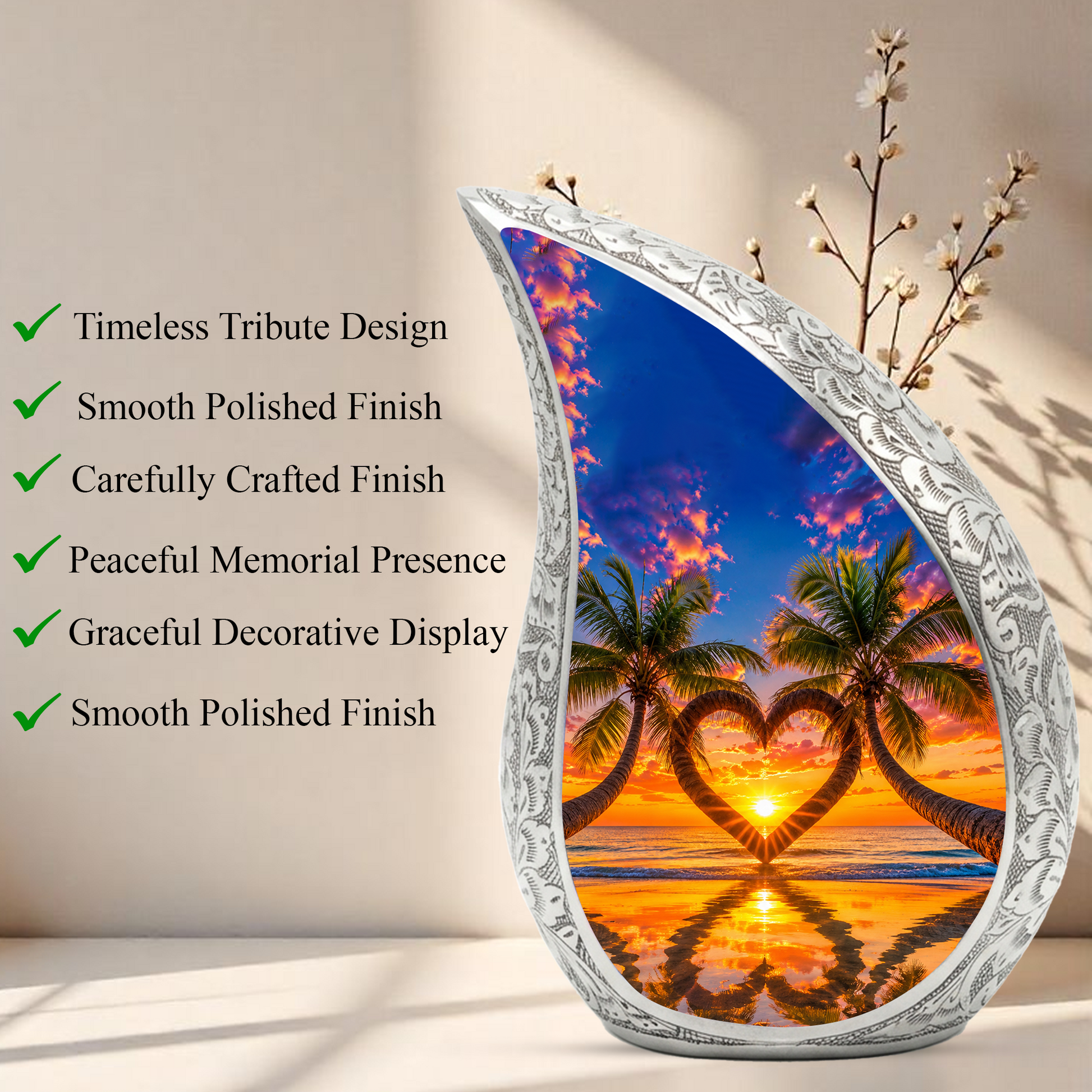 Palm Tree Heart Memorial Keepsake Urn for Mom – Personalized Cremation Urn for Human Ashes | Beach Sunset Memorial Urn