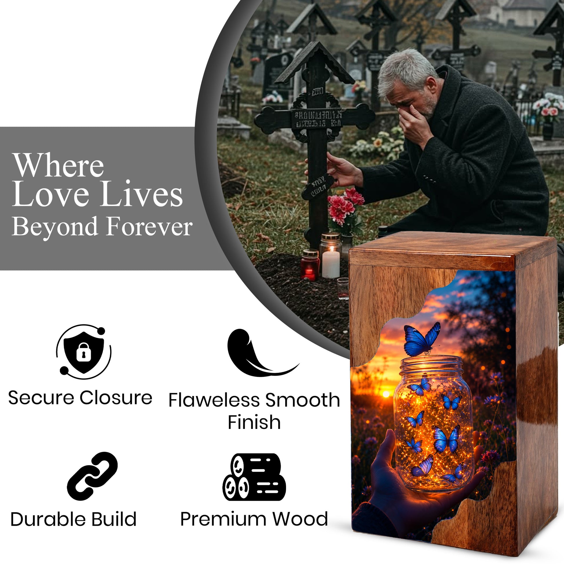 Butterfly Wooden Cremation Urn – Glowing Butterfly Memorial Urn for Human Ashes