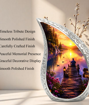 Woodland Lake Fishing Urn for Human Ashes – Nature Scene Cremation Urn with Mountain Lake, Fishing & Sunset