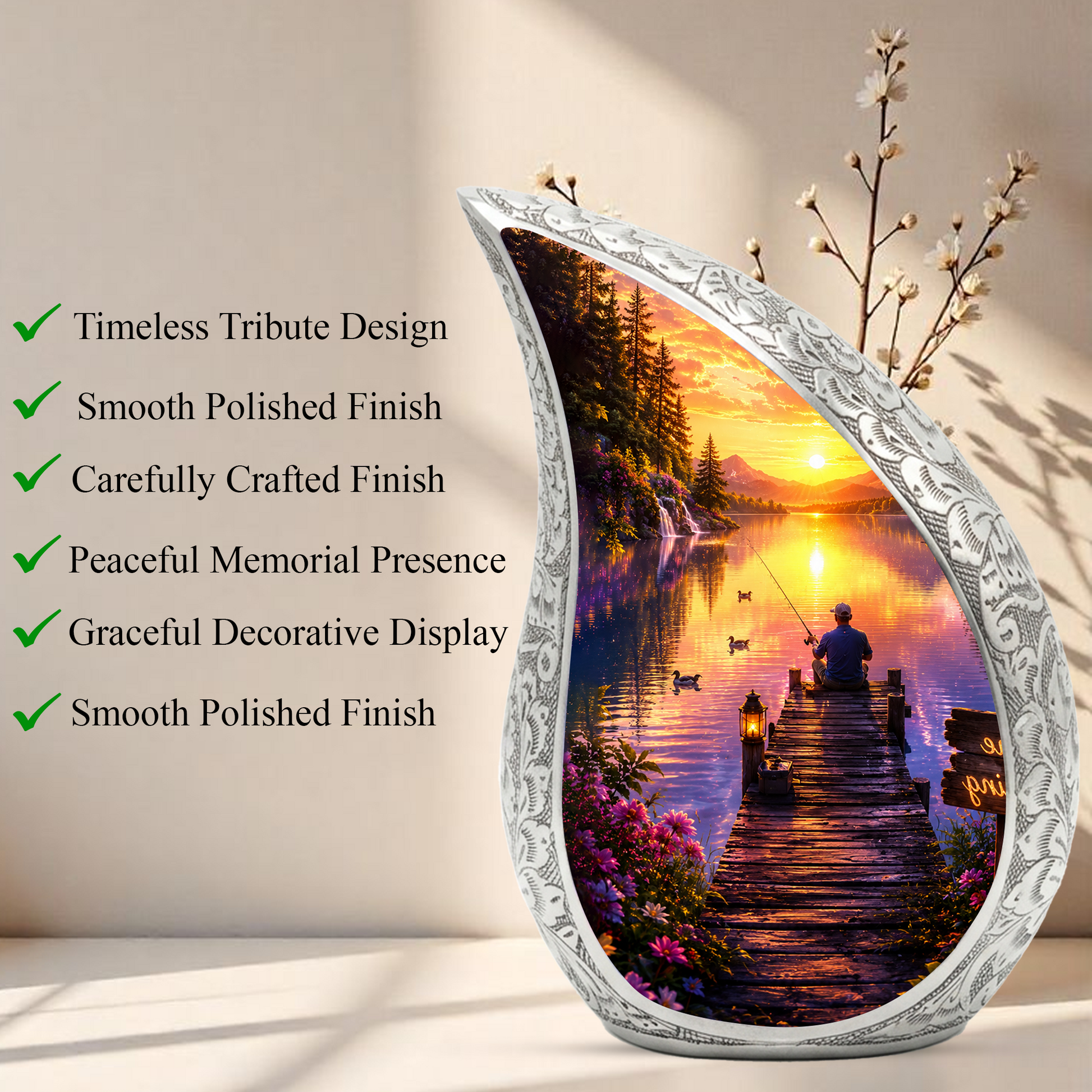 Woodland Lake Fishing Urn for Human Ashes – Nature Scene Cremation Urn with Mountain Lake, Fishing & Sunset