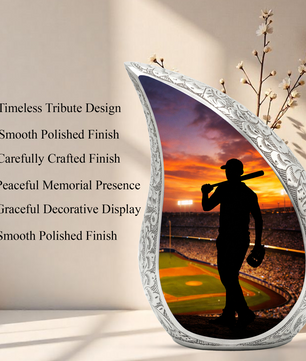 Baseball Personalized Cremation Urn – Teardrop Style Aluminum Memorial Urn, 10 Inch