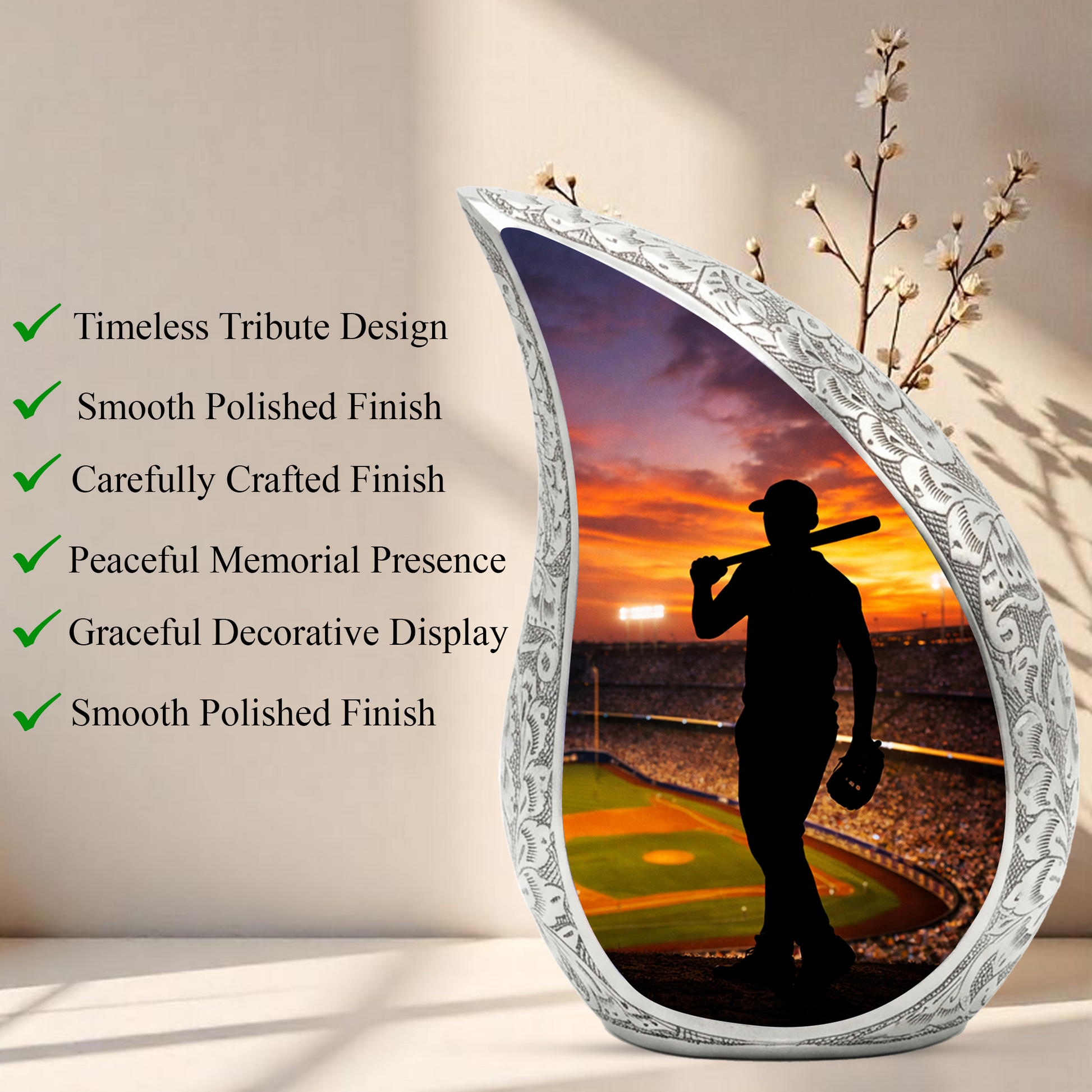 Baseball Personalized Cremation Urn – Teardrop Style Aluminum Memorial Urn, 10 Inch
