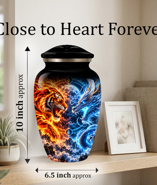 Personalized Adult Cremation Urn for Ashes, Fire and Ice Tiger and Dragon Memorial Urn