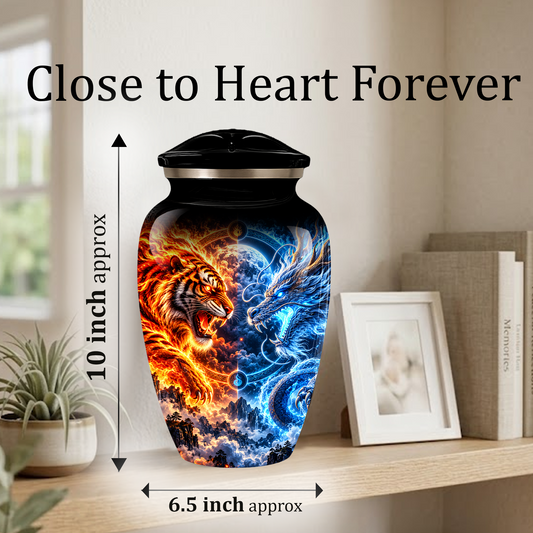 Personalized Adult Cremation Urn for Ashes, Fire and Ice Tiger and Dragon Memorial Urn
