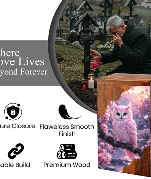 Pink Owl Wooden Cremation Urn – Cherry Blossom Memorial Urn