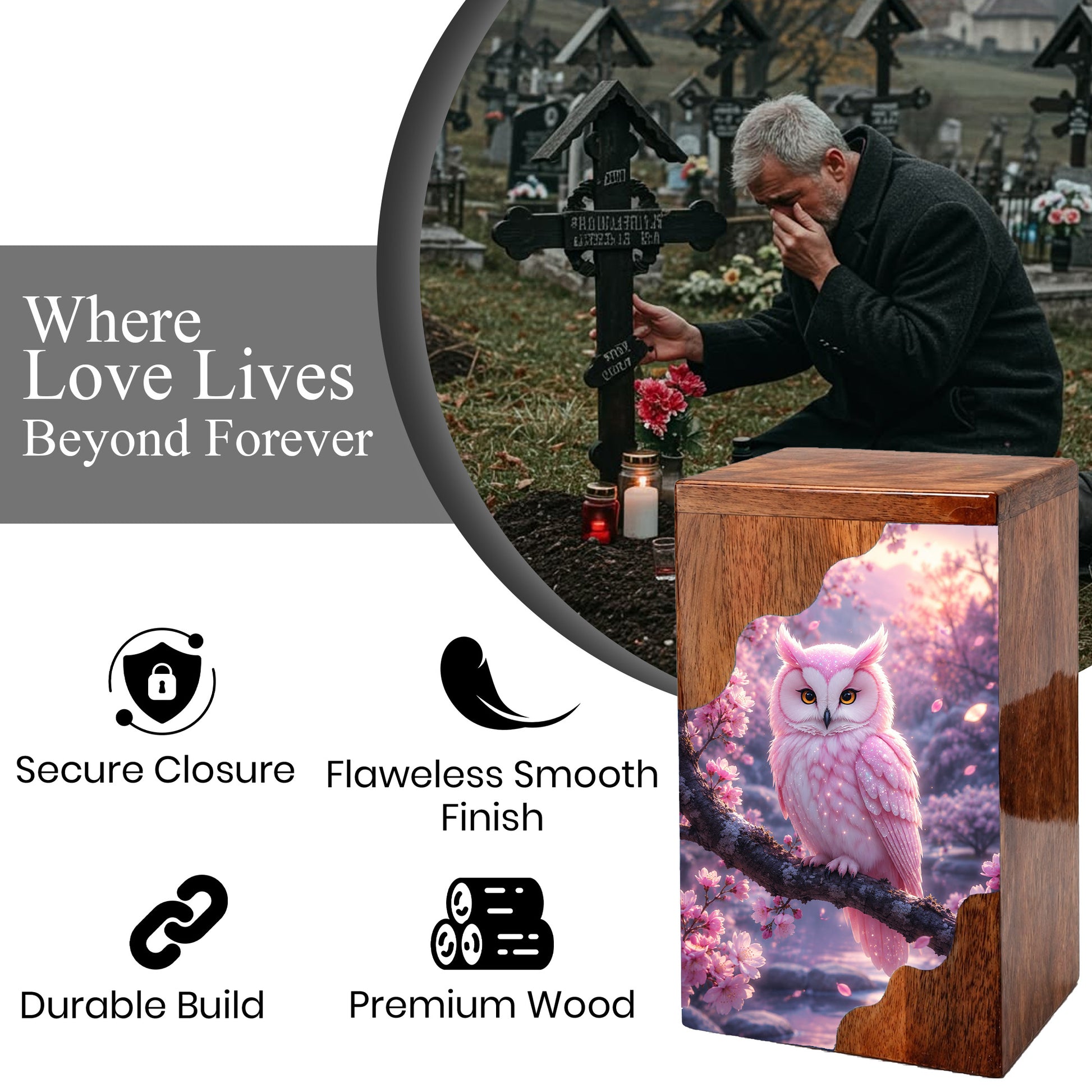 Pink Owl Wooden Cremation Urn – Cherry Blossom Memorial Urn