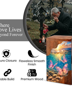 Butterfly Ocean Cremation Urn – Wooden Urn for Human Ashes