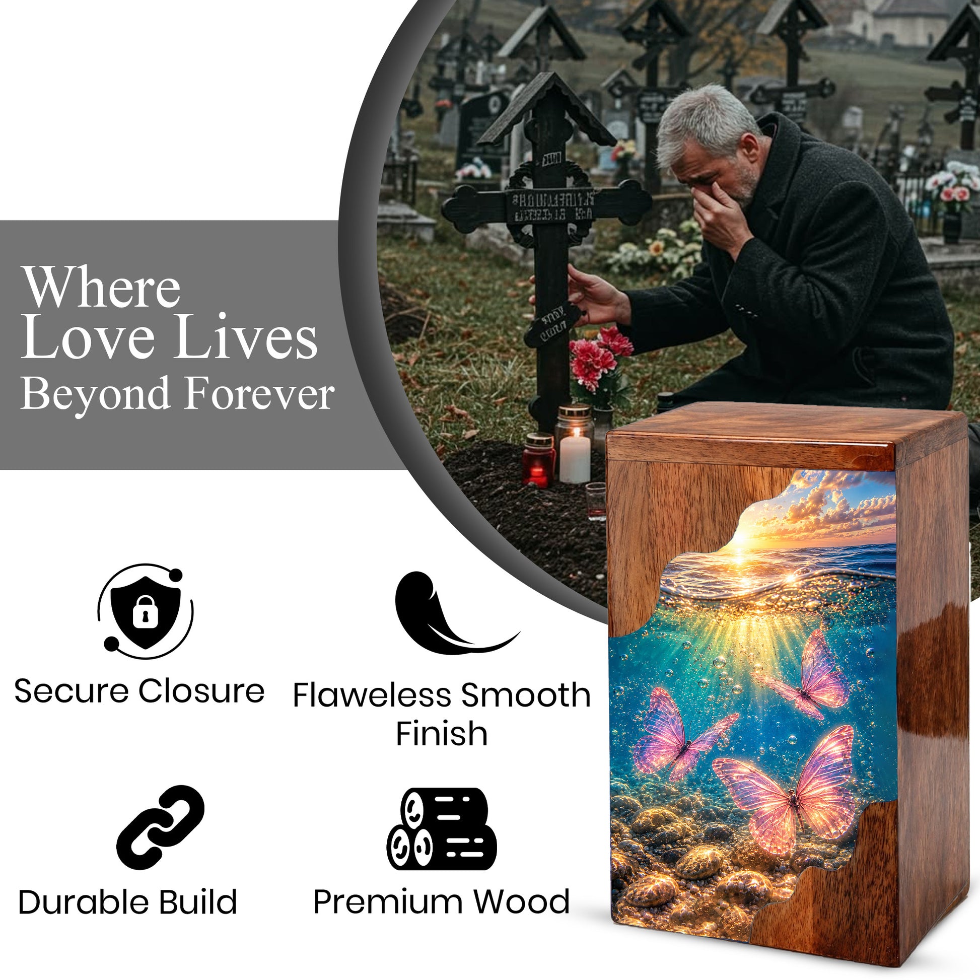 Butterfly Ocean Cremation Urn – Wooden Urn for Human Ashes