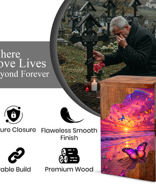 Butterfly Sunset Wooden Cremation Urn – Butterfly Memorial Urn for Human Ashes
