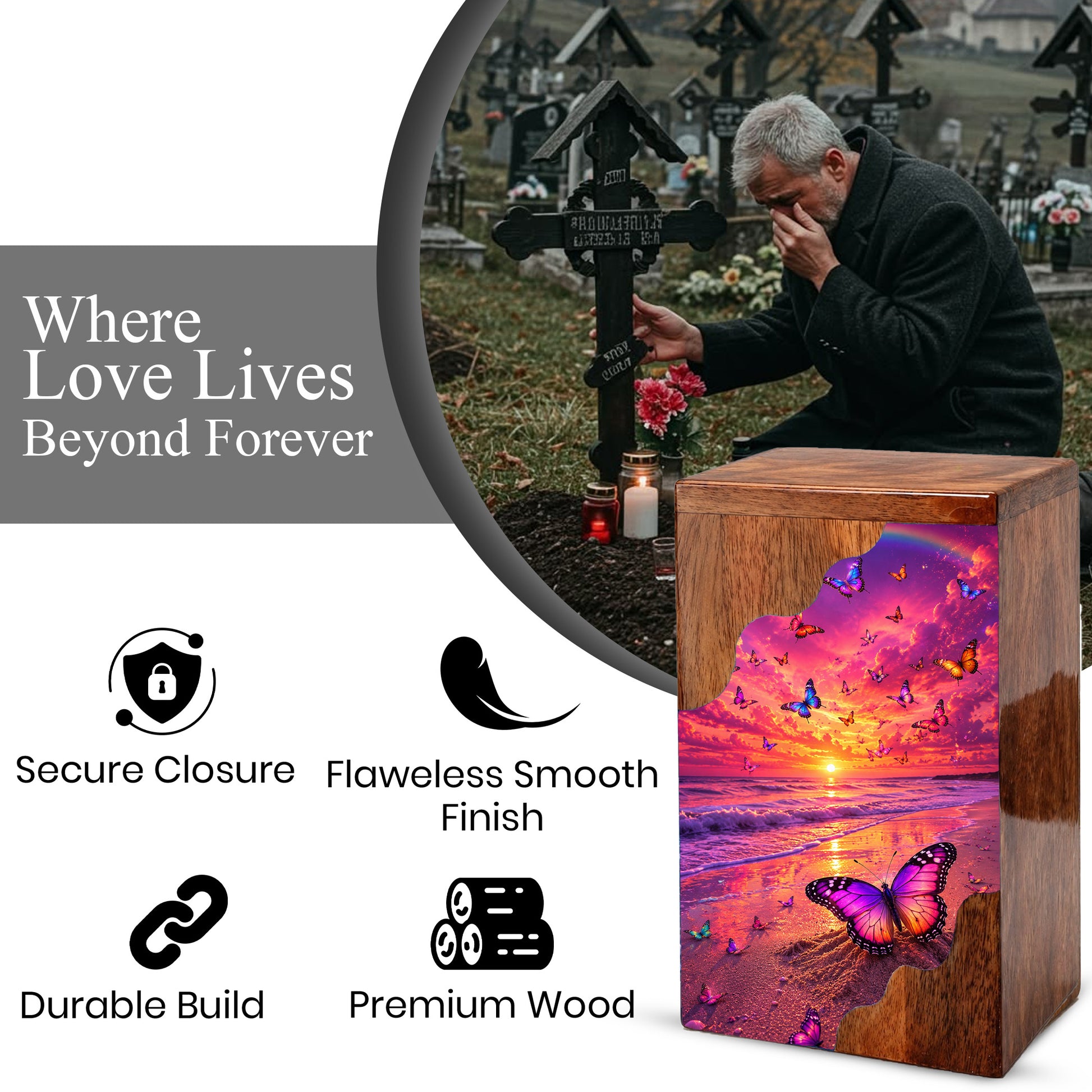 Butterfly Sunset Wooden Cremation Urn – Butterfly Memorial Urn for Human Ashes