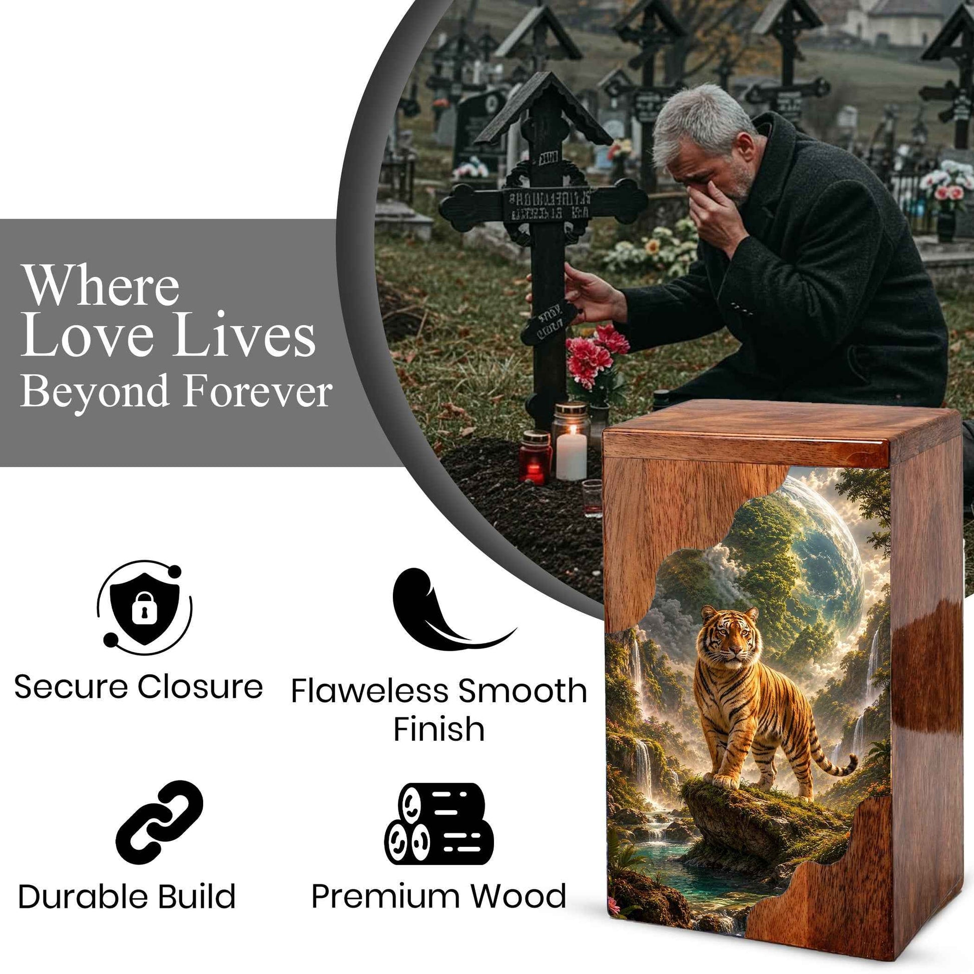 Personalised Urns for Dad, Wooden Cremation Urn for Human Ashes, Tiger Memorial Urn